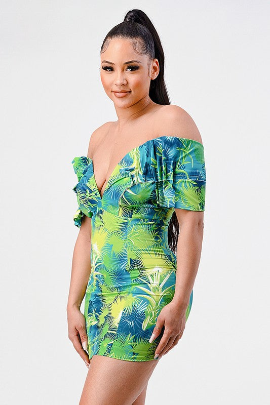 Neon garden off shoulder fitted mini dress