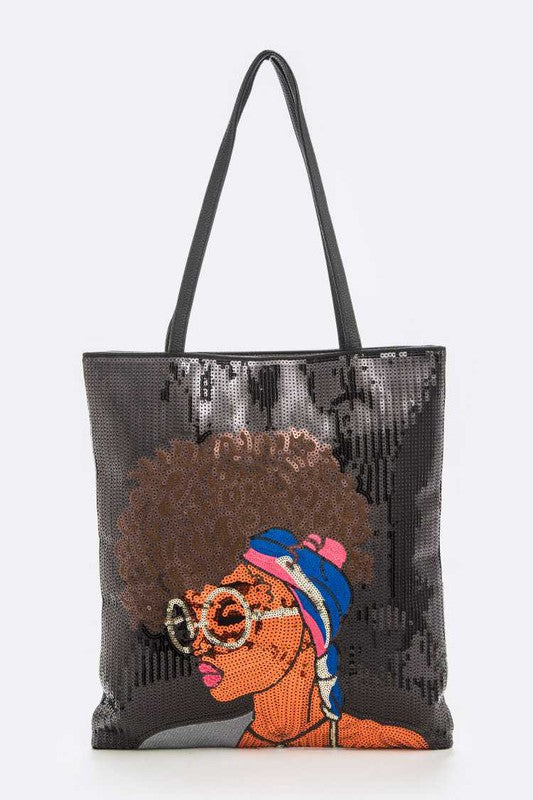 Glasses Girl Sequins Large Tote Bag