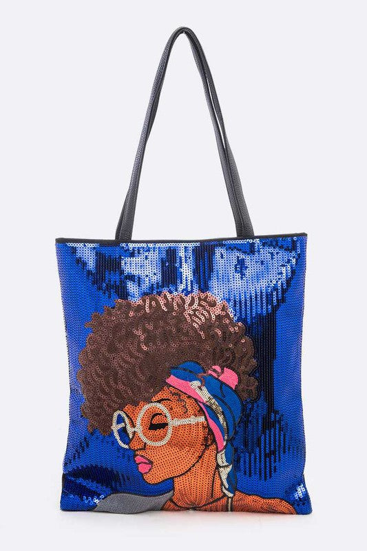 Glasses Girl Sequins Large Tote Bag