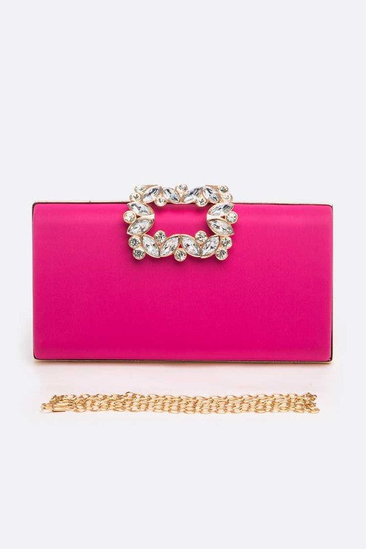 Crystal Buckle Metallic Box Clutch