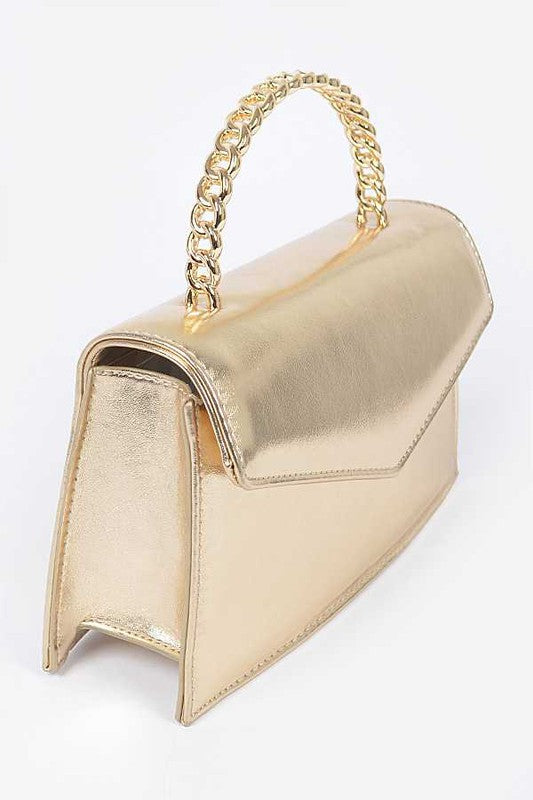 Metal Handle Metallic Leather Convertible Clutch